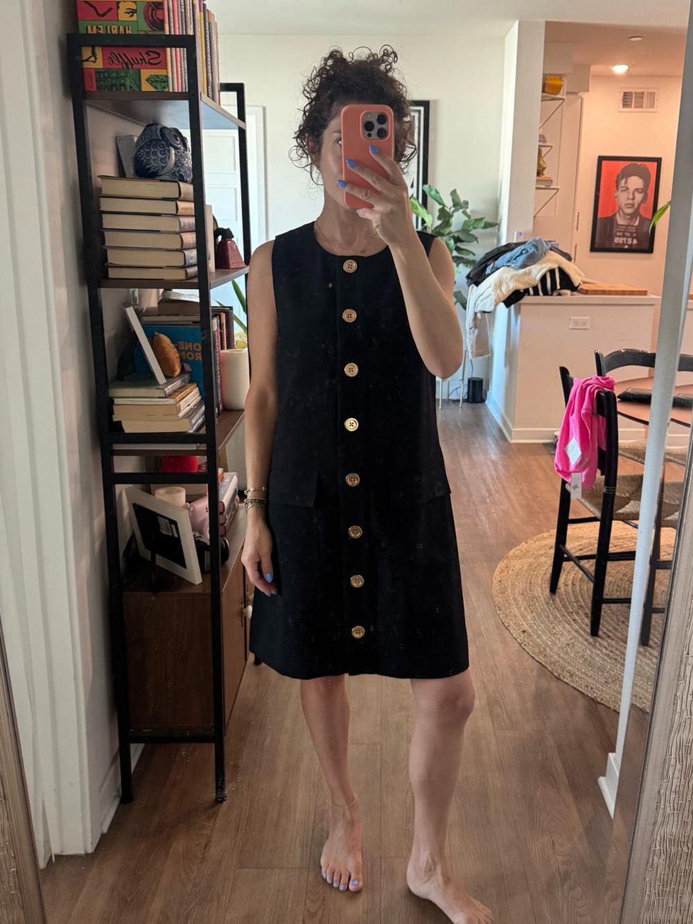 J. Crew Black Sleeveless Button-Front Shift Dress with Gold Buttons